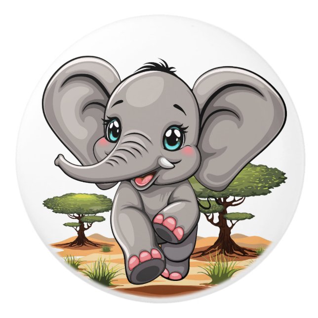Elephant Baby Jumping Happy in African Savannah Keramikknauf (Vorderseite)