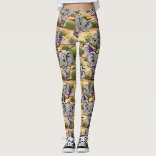Elephant Baby Jumping Happy in African Savannah Leggings