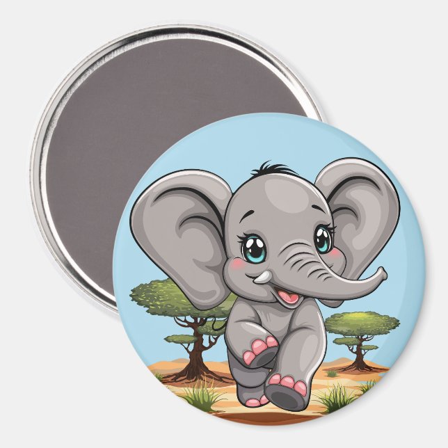 Elephant Baby Jumping Happy in African Savannah Magnet (Vorderseite/Rückseite)