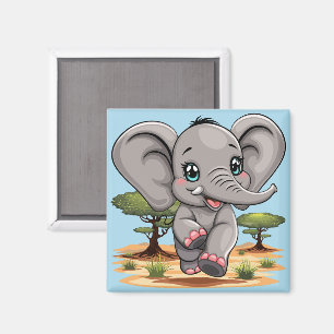 Elephant Baby Jumping Happy in African Savannah Magnet