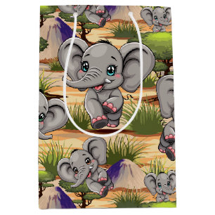 Elephant Baby Jumping Happy in African Savannah Mittlere Geschenktüte