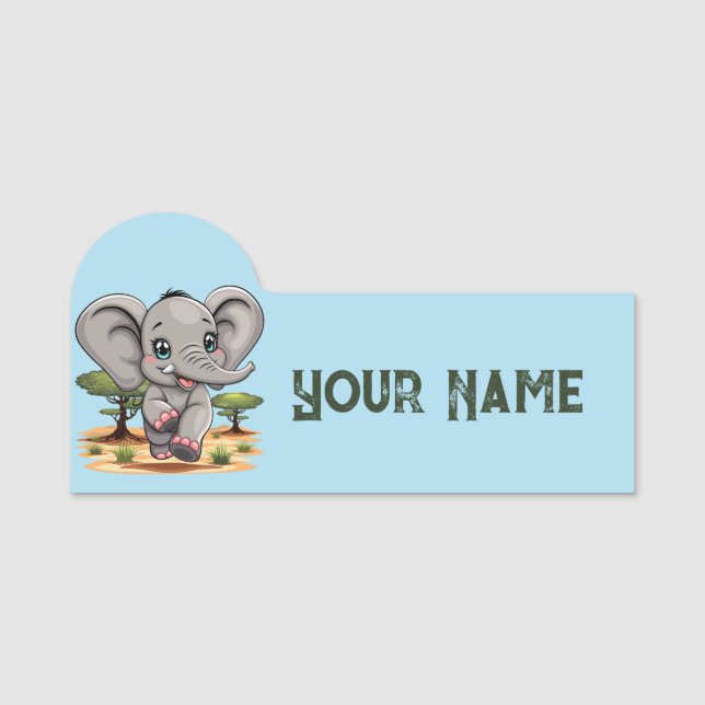Elephant Baby Jumping Happy in African Savannah Namensschild (Vorderseite)