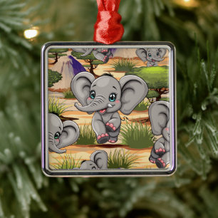 Elephant Baby Jumping Happy in African Savannah Ornament Aus Metall