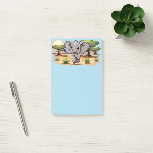 Elephant Baby Jumping Happy in African Savannah Post-it Klebezettel (Büro)