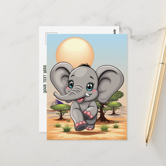 Elephant Baby Jumping Happy in African Savannah Postkarte (Vorderseite/Rückseite Beispiel)