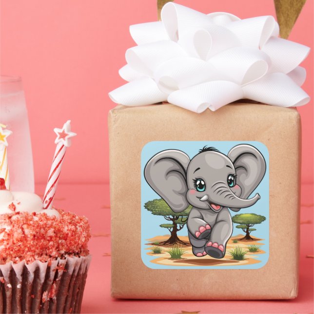 Elephant Baby Jumping Happy in African Savannah Quadratischer Aufkleber (Party)