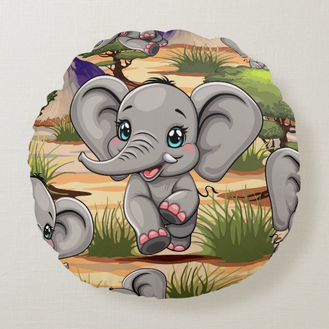 Elephant Baby Jumping Happy in African Savannah Rundes Kissen (Vorderseite)
