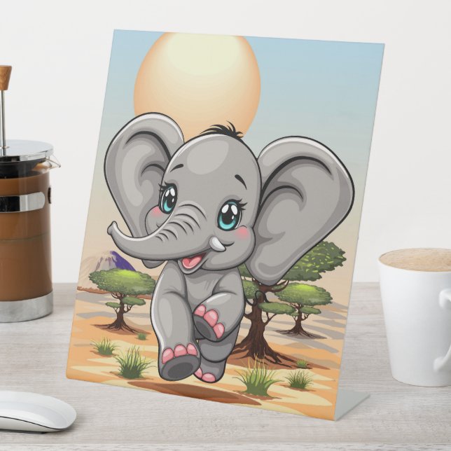Elephant Baby Jumping Happy in African Savannah Sockelschild (In Situ)