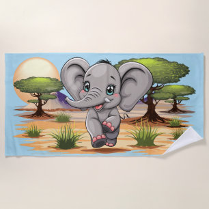 Elephant Baby Jumping Happy in African Savannah Strandtuch
