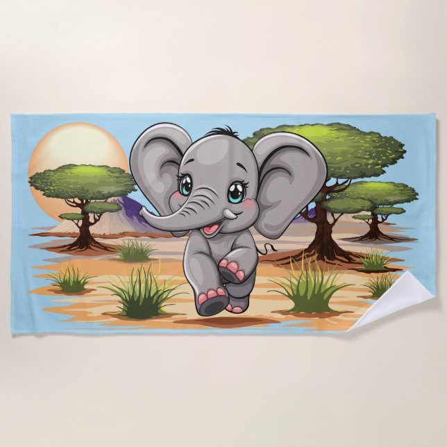 Elephant Baby Jumping Happy in African Savannah Strandtuch (Vorderseite)