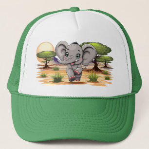 Elephant Baby Jumping Happy in African Savannah Truckerkappe
