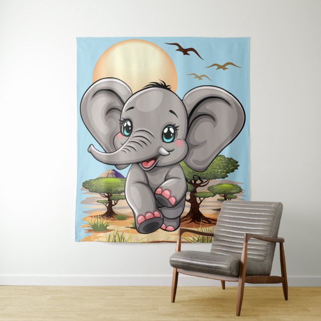 Elephant Baby Jumping Happy in African Savannah Wandteppich (Beispiel)