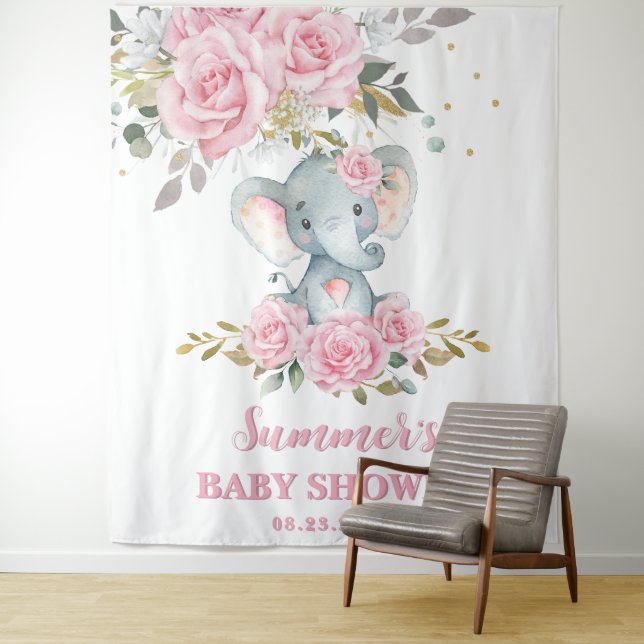 Elephant Baby Pink Floral Baby Dusche Hintergrund Wandteppich (Beispiel)