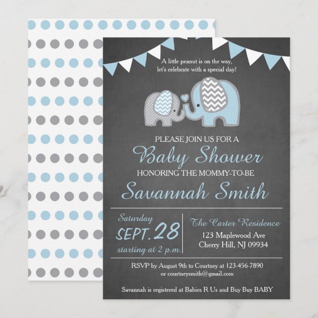 Elephant Baby Shooter Invitation Boy - Chalkboard Einladung (Vorne/Hinten)