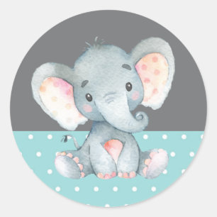 Elephant Baby Shower Aqua und Grau Runder Aufkleber