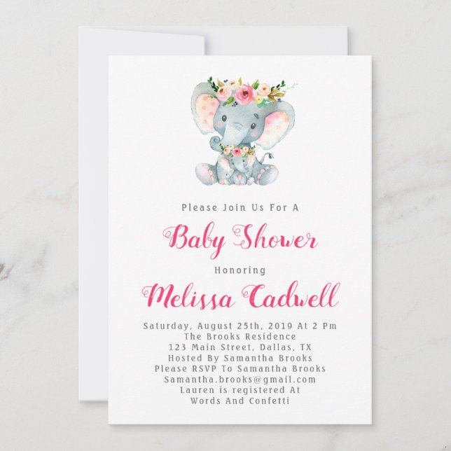 Elephant Baby shower bébé fille douche Invitations (Devant)