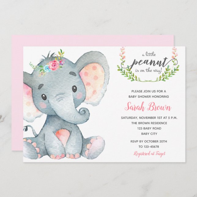Elephant baby shower bébé fille invitation douche (Devant / Derrière)