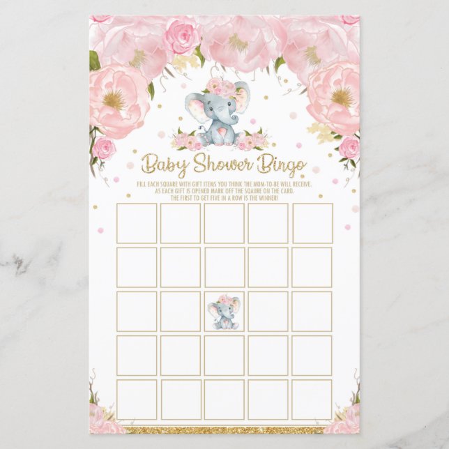 Elephant Baby Shower Bingo Game Activity Baby Girl (Vorderseite)