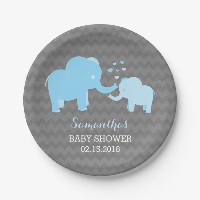 Elephant Baby Shower Blau und Grau Paper Teller (Vorderseite)