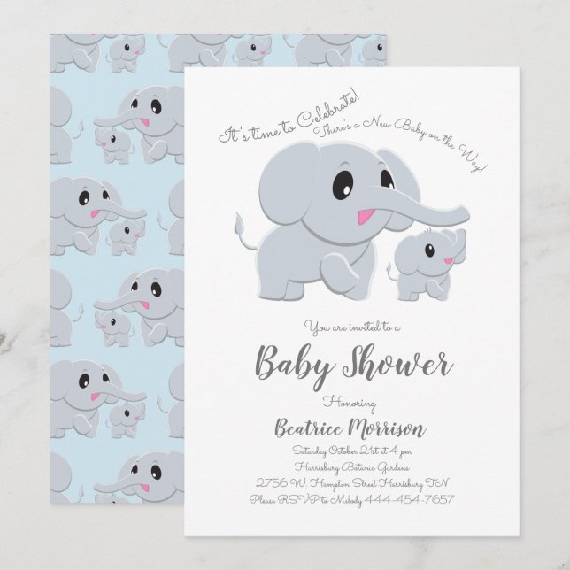 Elephant Baby Shower Blue Boy Einladung (Vorne/Hinten)