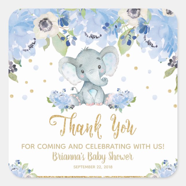 Elephant Baby Shower Blue Floral Vielen Dank Quadratischer Aufkleber (Vorderseite)
