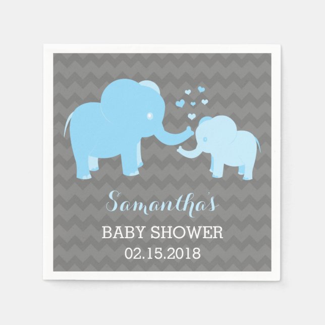 Elephant Baby Shower Blue und Grau Paper Napkins Serviette (Vorderseite)