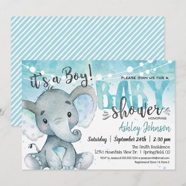 Elephant Baby Shower Boy Einladung (Vorne/Hinten)