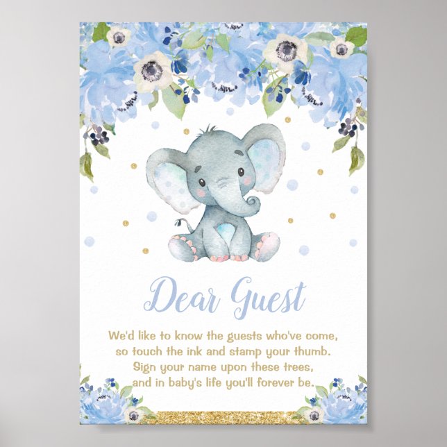 Elephant Baby Shower Boy Thumbprint Gästebuchunter Poster (Vorne)
