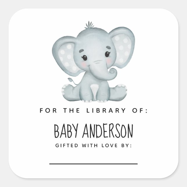 Elephant Baby Shower Buchzeichen Quadratischer Aufkleber (Vorderseite)