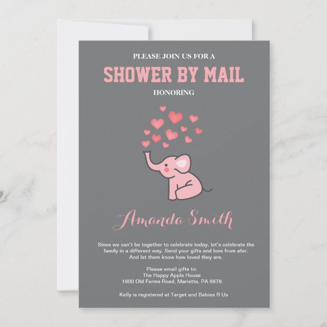 Elephant Baby Shower by Mail Pink und Grau Einladung (Vorderseite)