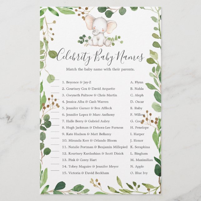 Elephant Baby Shower Celebrity Baby Names (Vorderseite)