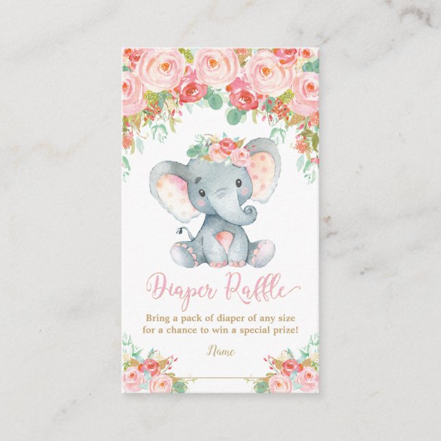 Elephant Baby Shower Diaper Raffle Baby Girl Begleitkarte (Vorderseite)