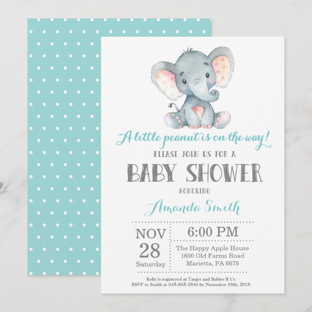 Elephant Baby Shower Einladung Aqua und Grau (Vorne/Hinten)