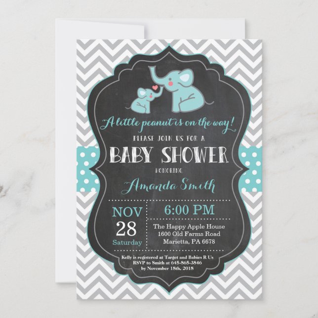 Elephant Baby Shower Einladung Aqua und Grau (Vorderseite)