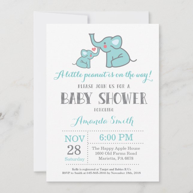 Elephant Baby Shower Einladung Aqua und Grau (Vorderseite)