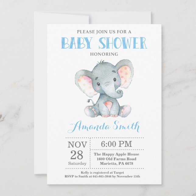 Elephant Baby Shower Einladung Blau und Grau (Vorderseite)