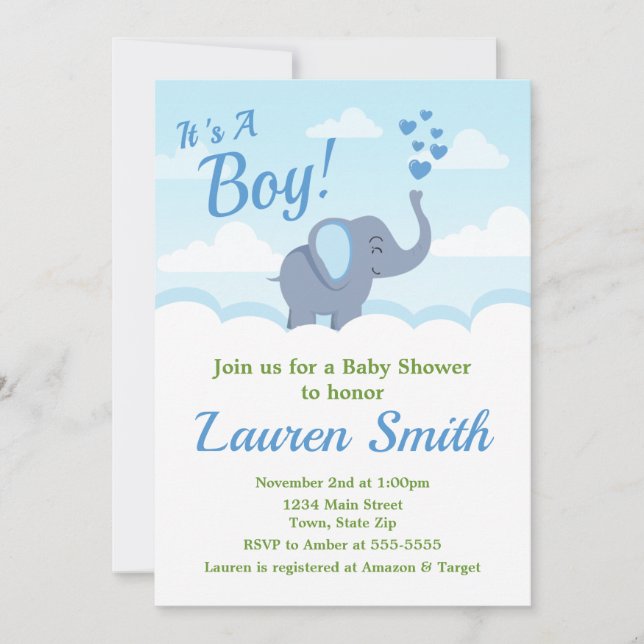 Elephant Baby Shower Einladung Blue Elephant Boy (Vorderseite)