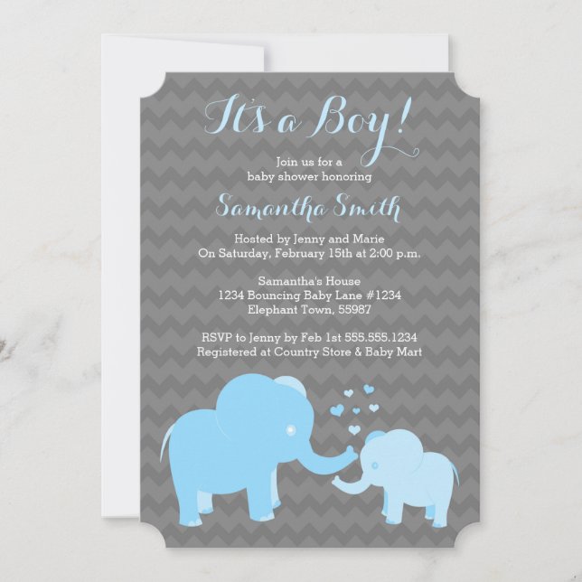 Elephant Baby Shower Einladung Blue Gray Zickzack (Vorderseite)