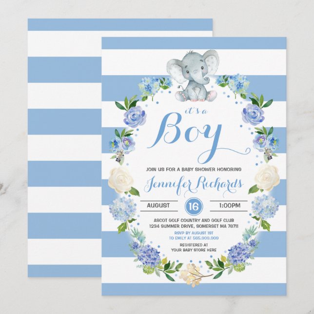 Elephant Baby Shower Einladung Boy Baby Dusche (Vorne/Hinten)