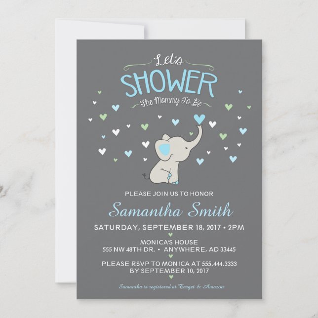 Elephant Baby Shower Einladung, Boy Baby Shower Einladung (Vorderseite)