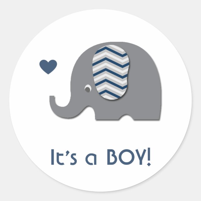 Elephant Baby Shower Einladung Boy Blue Zickzack Runder Aufkleber (Vorderseite)