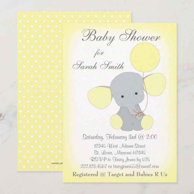 Elephant Baby Shower Einladung Gelb Grau (Vorne/Hinten)