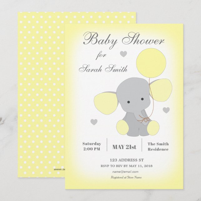 Elephant Baby Shower Einladung gelb-neutral (Vorne/Hinten)