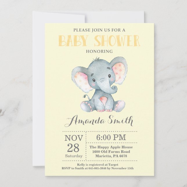 Elephant Baby Shower Einladung Gelb und Grau (Vorderseite)