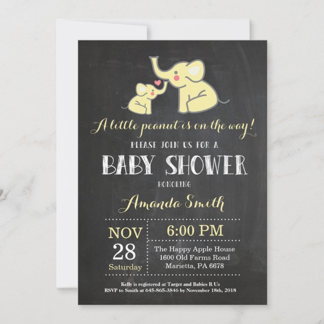 Elephant Baby Shower Einladung Gelb und Grau (Vorderseite)