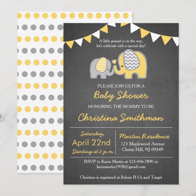 Elephant Baby Shower Einladung Gelb und Grau (Vorne/Hinten)