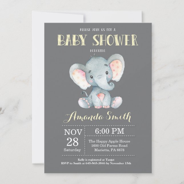 Elephant Baby Shower Einladung Gelb und Grau (Vorderseite)