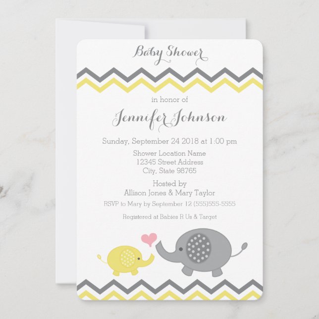 Elephant Baby Shower Einladung | Gelbgrau Zickzack (Vorderseite)