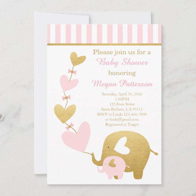 Elephant Baby Shower Einladung in Rosa und Gold (Vorderseite)