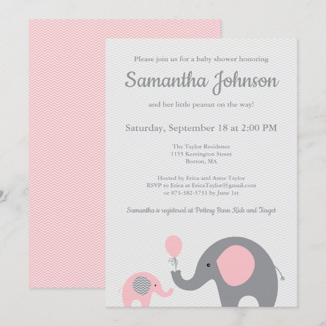 Elephant Baby Shower Einladung in Rosa und Grau (Vorne/Hinten)